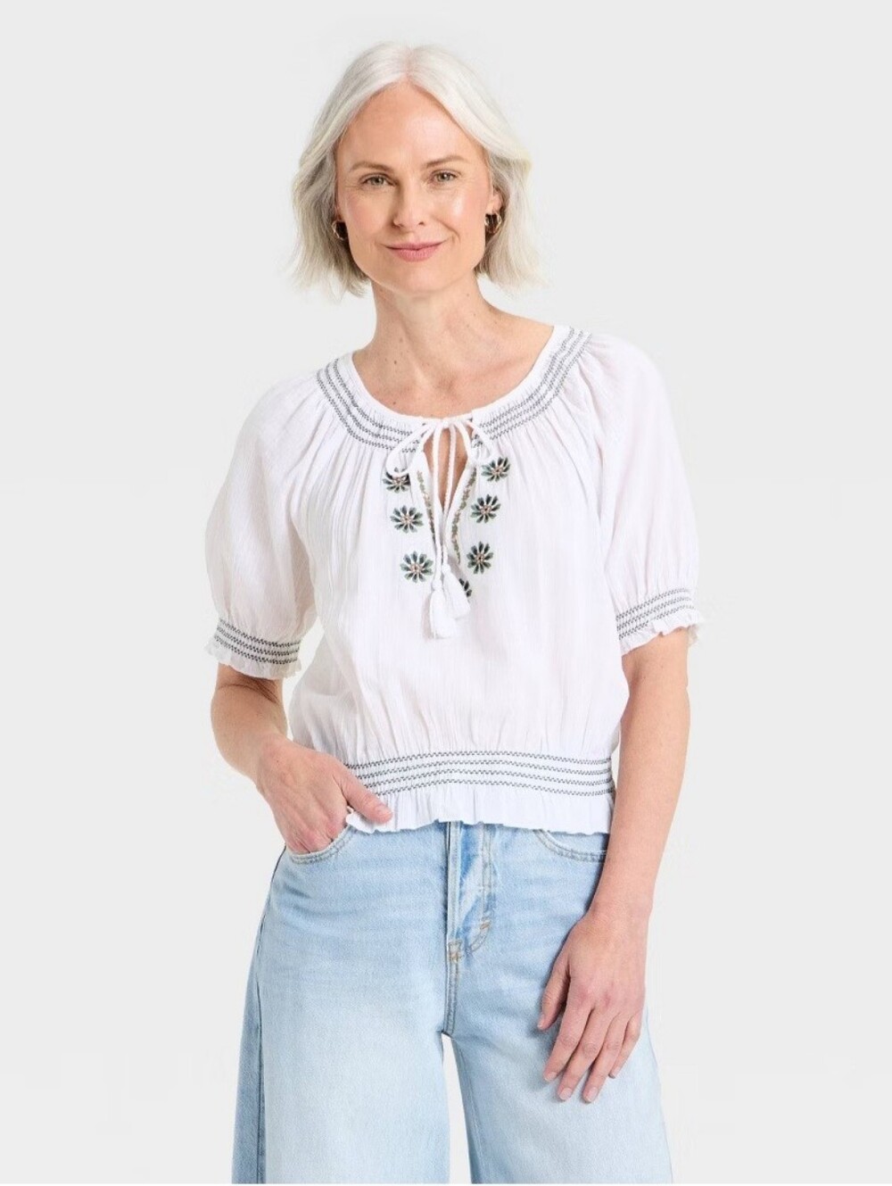 Women's Puff Short Sleeve Embroidered Tie V-Neck Blouse - Universal Thread White